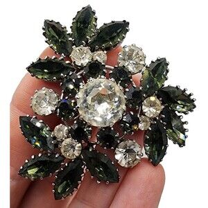 Vintage Brooch Smoky Green Glass Rhinestone Prong Set Signed Austria